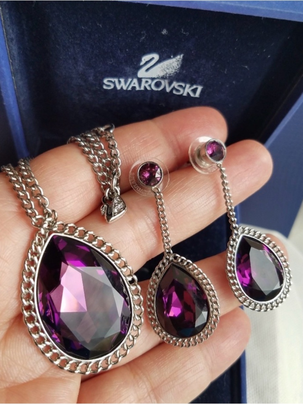 AUTHENTIC Swarovski Large Magenta Purple Teardrop Necklace & Earrings SET
